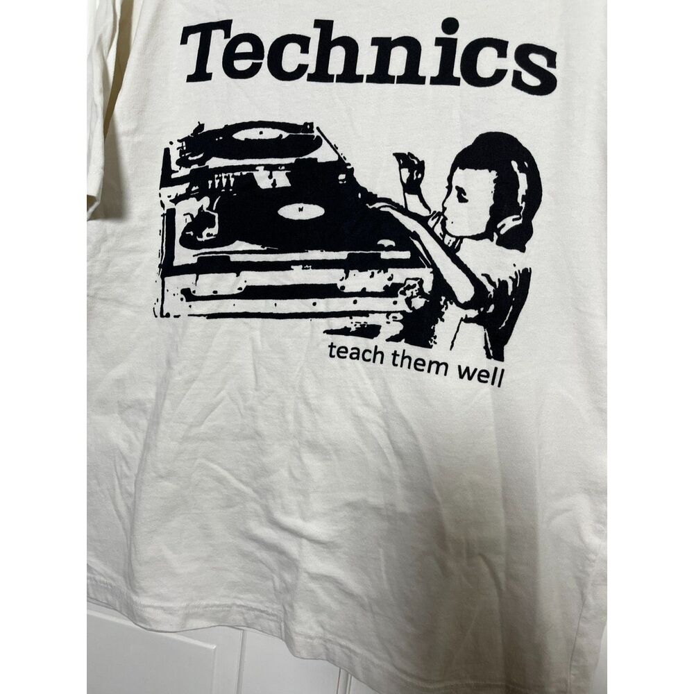 Technics Teach Them Well DJ Turntable Graphic T Shirt White Size L Hip Hop